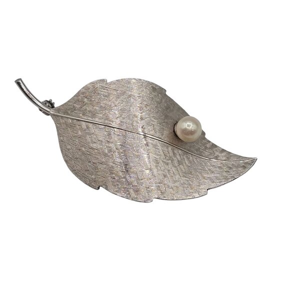 Krementz VTG Brooch Brushed SilverTone Leaf Boho Cottagecore FauxPearl Fairycore - Picture 2 of 15